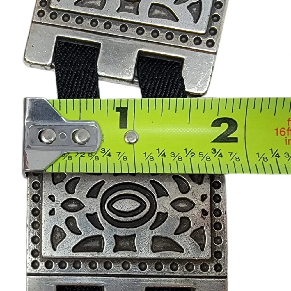 Vtg Silver Tone Belt Womens 2X Metal Squares Elastic Stretch Heavy Artsy Boho‎